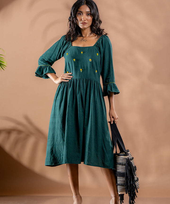 Ocean meadow embroidered kala cotton gathered dress