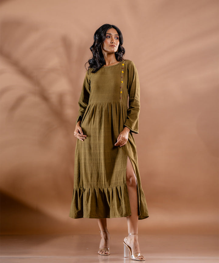 Aranya embroidered olive kala cotton dress