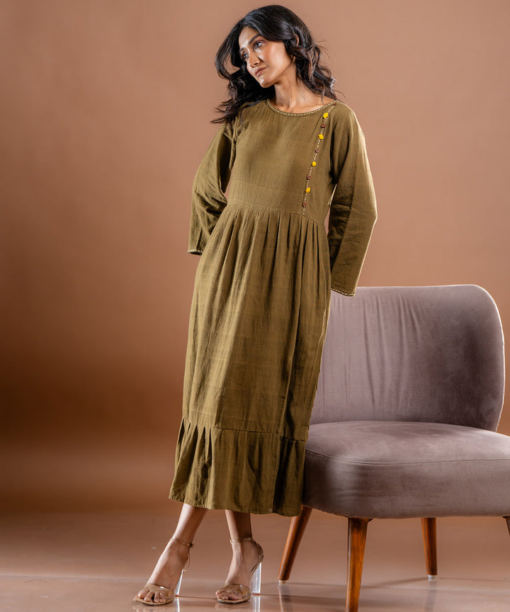 Aranya embroidered olive kala cotton dress