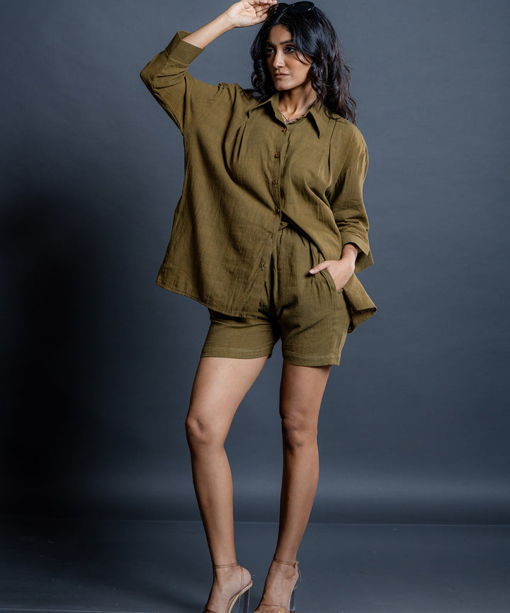 Saima olive handwoven kala cotton oversized shirt