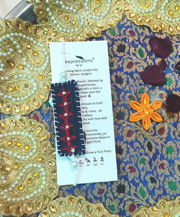 Blue white thread work upcycled fabric handcrafted rakhi