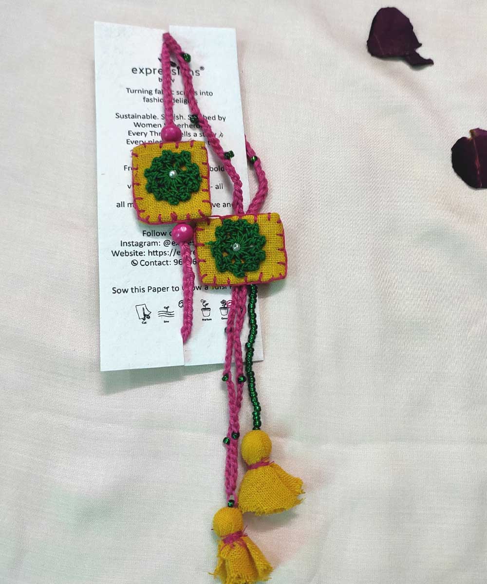 Yellow green handmade thread work upcycled fabric rakhi