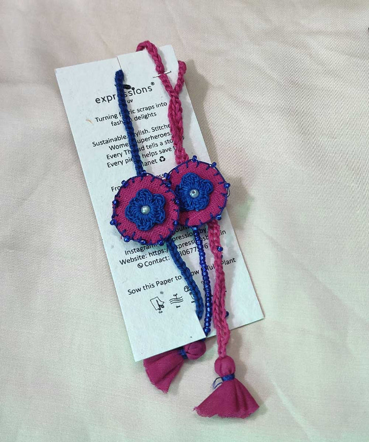 Blue pink hand crafted thread work upcycled fabric rakhi