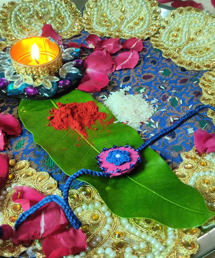 Blue pink handcrafted thread work upcycled fabric rakhi