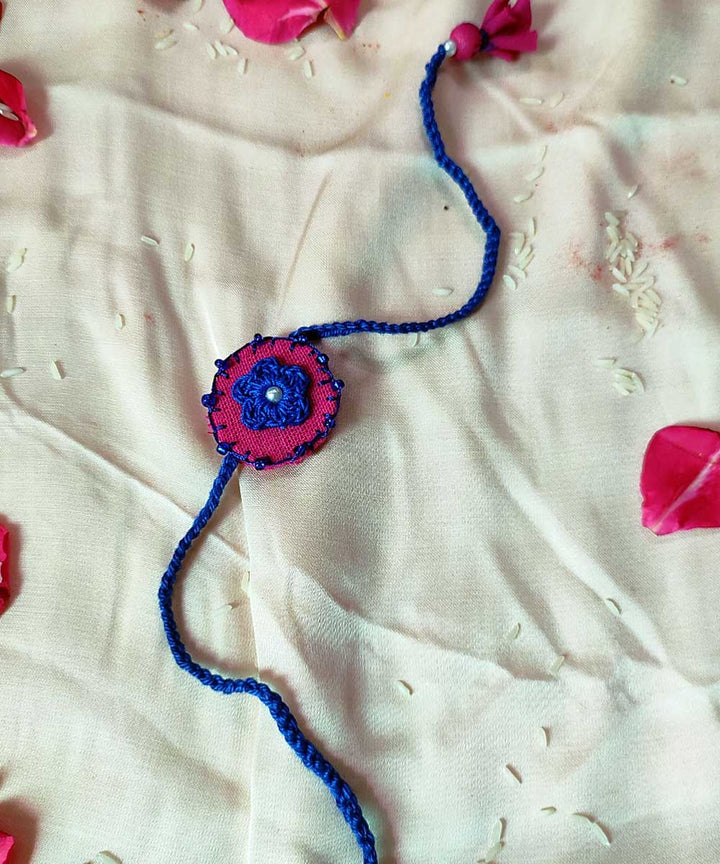 Blue pink handcrafted thread work upcycled fabric rakhi