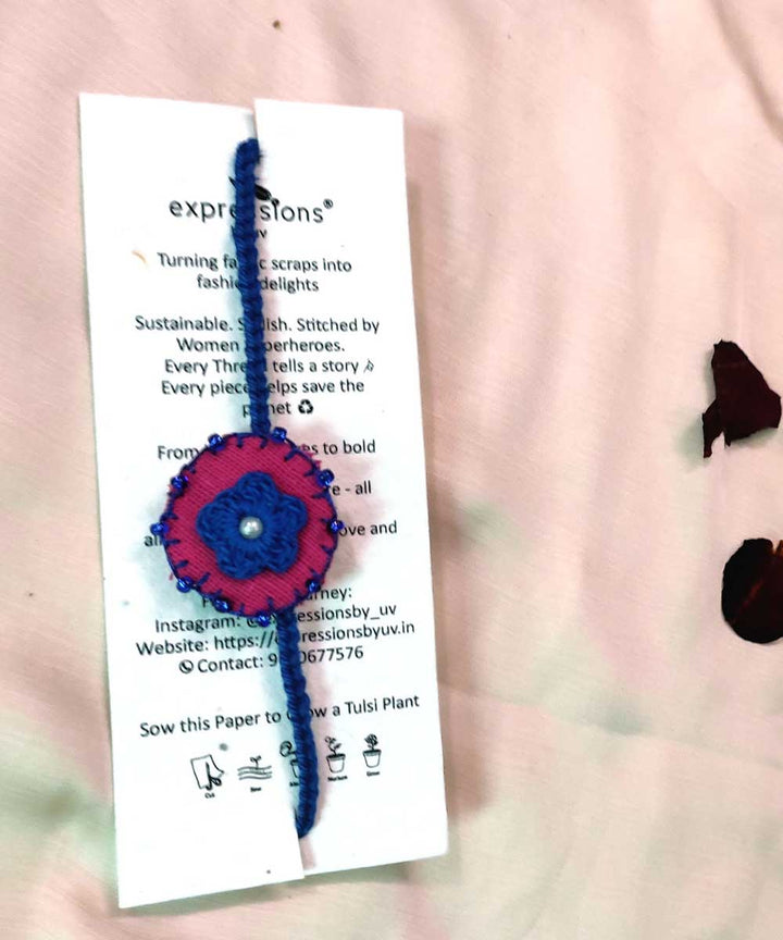 Blue pink handcrafted thread work upcycled fabric rakhi