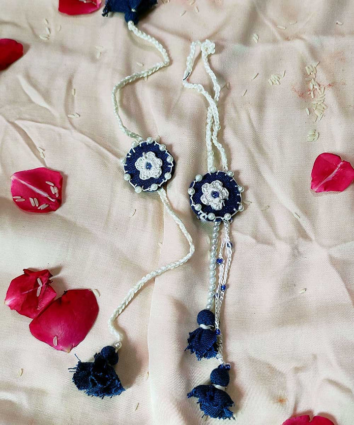 Navy blue white handcrafted thread work upcycled fabric rakhi