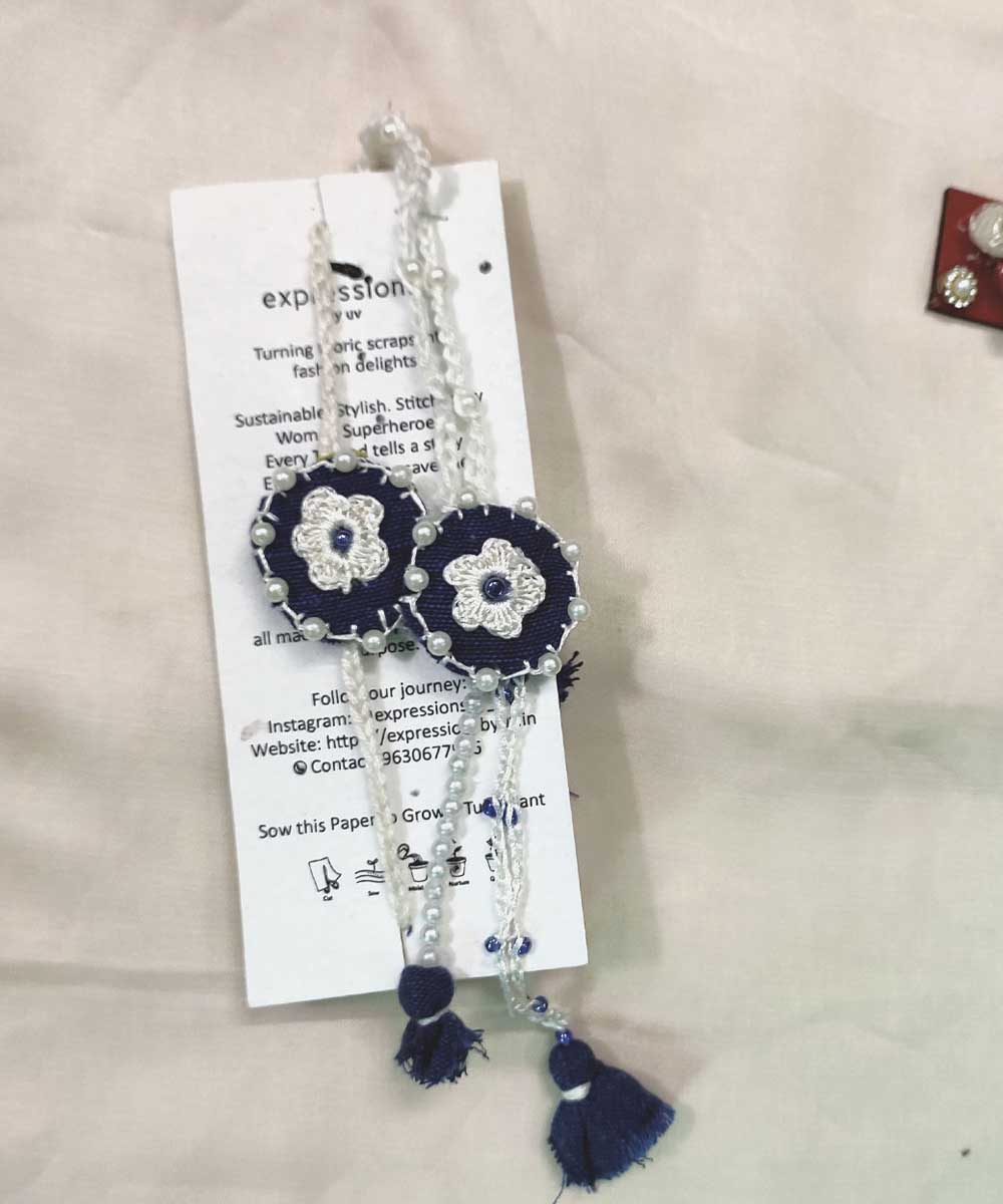 Navy blue white handcrafted thread work upcycled fabric rakhi