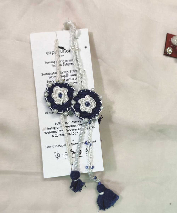 Navy blue white handcrafted thread work upcycled fabric rakhi