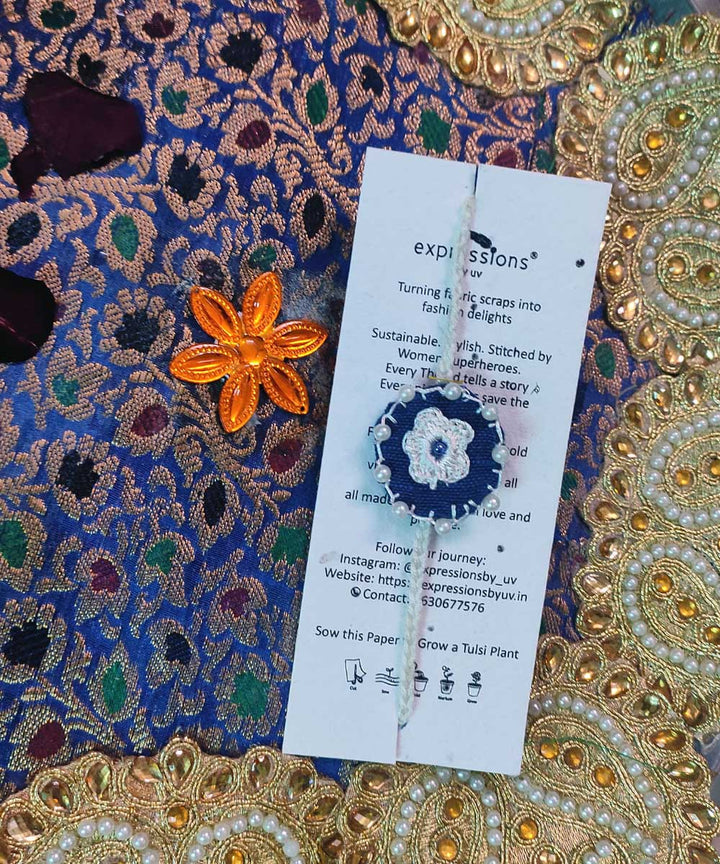 Navy blue white handmade thread work upcycled fabric rakhi
