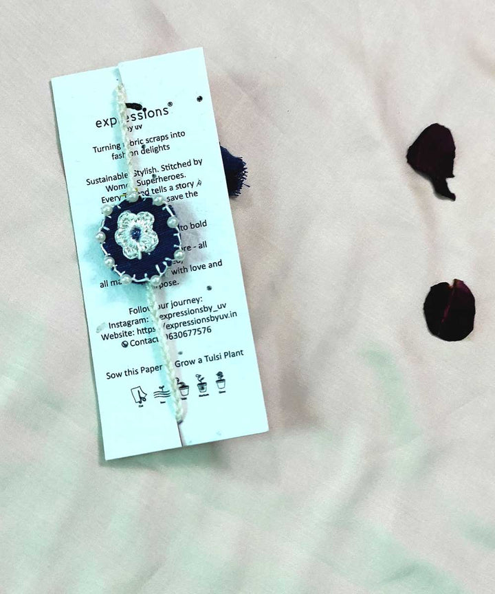 Navy blue white handmade thread work upcycled fabric rakhi
