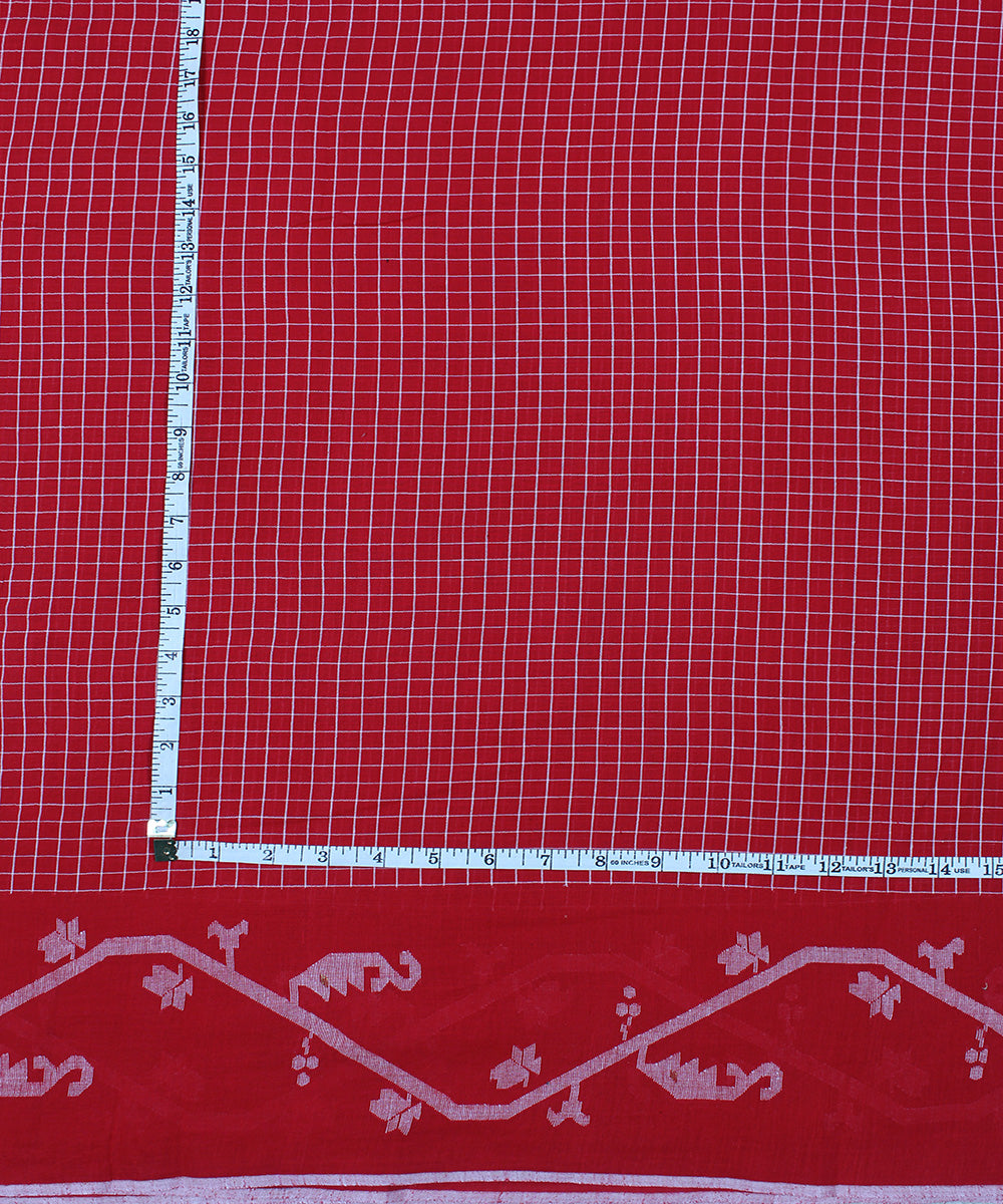 Red handwoven jamdani cotton check bordered fabric