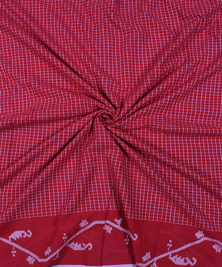 Red handwoven jamdani cotton check bordered fabric