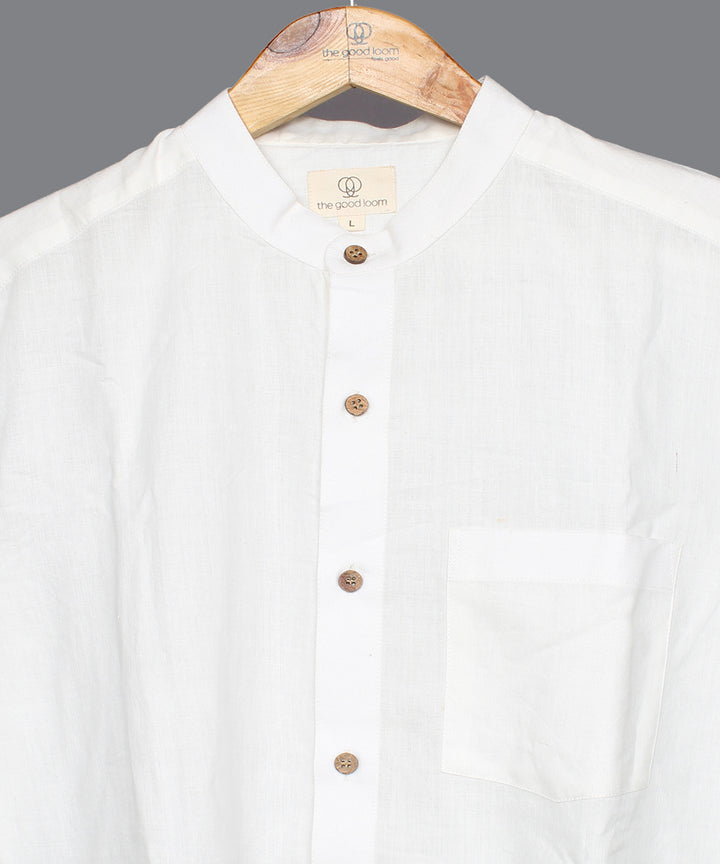 White handwoven cotton mandrian collar shirt