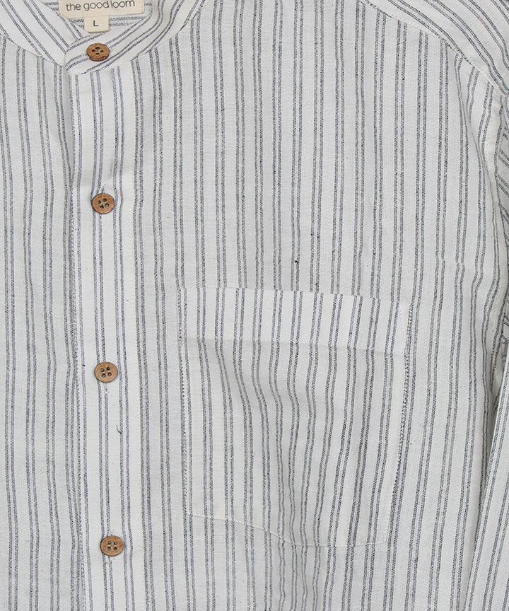 White double stripe handwoven cotton mandrian collar shirt