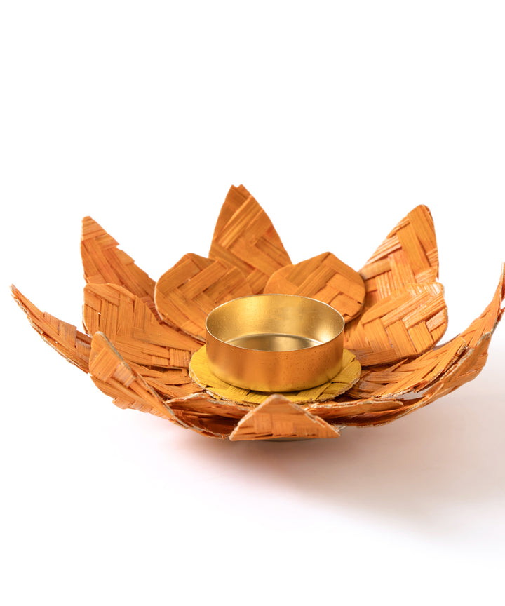 Yellow lotus handcrafted bamboo tea light holder
