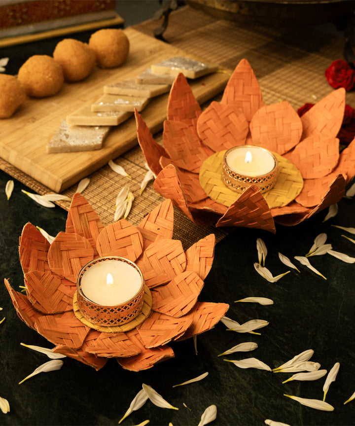 Yellow lotus handcrafted bamboo tea light holder