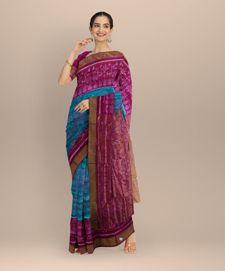 Sky blue deep pink silk handloom sambalpuri saree