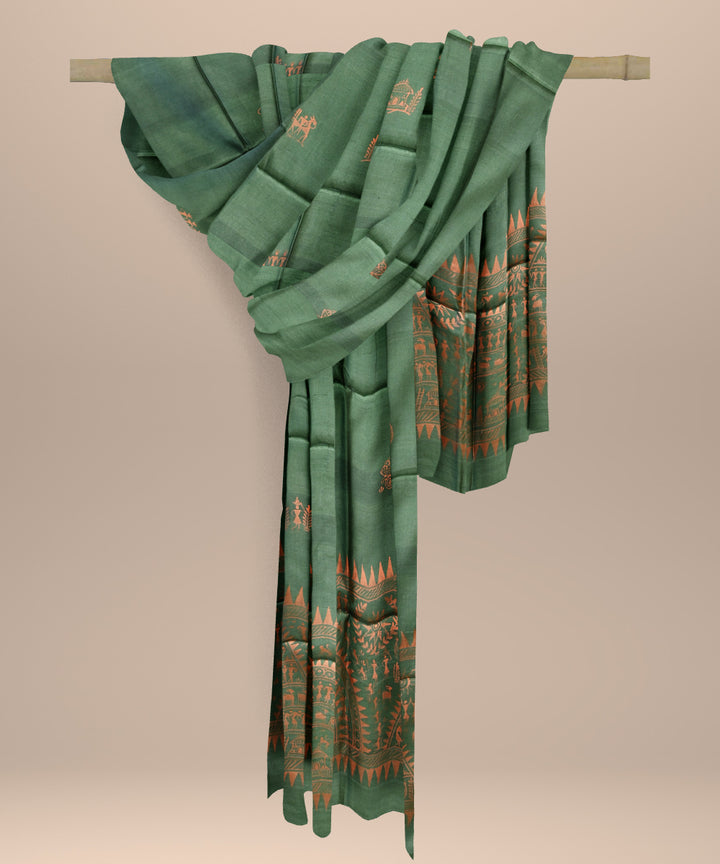 Dark green peach tussar silk handloom sambalpuri dupatta
