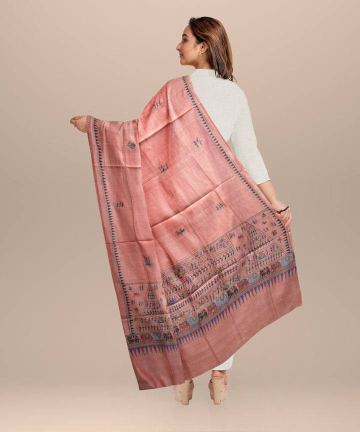 Peach multi colour tussar silk sambalpuri handloom dupatta