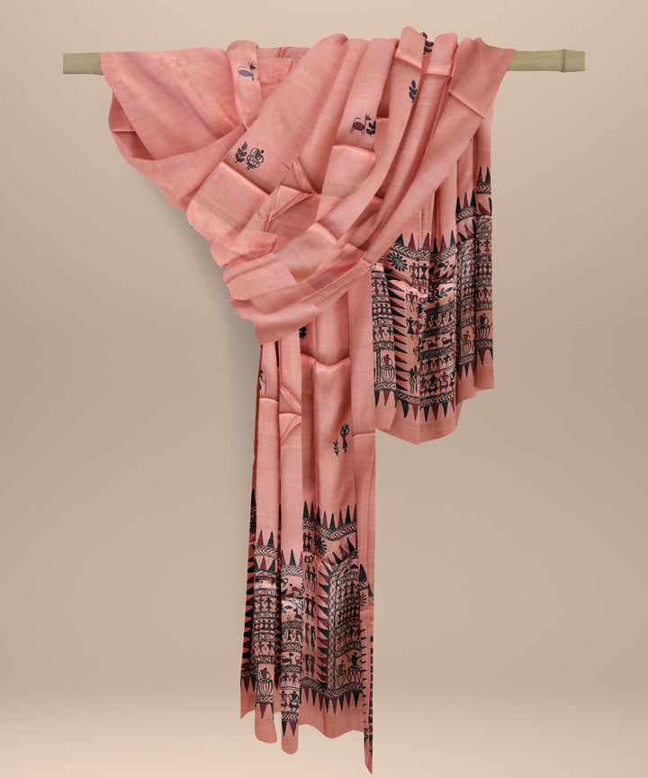 Peach multi colour tussar silk handloom sambalpuri dupatta