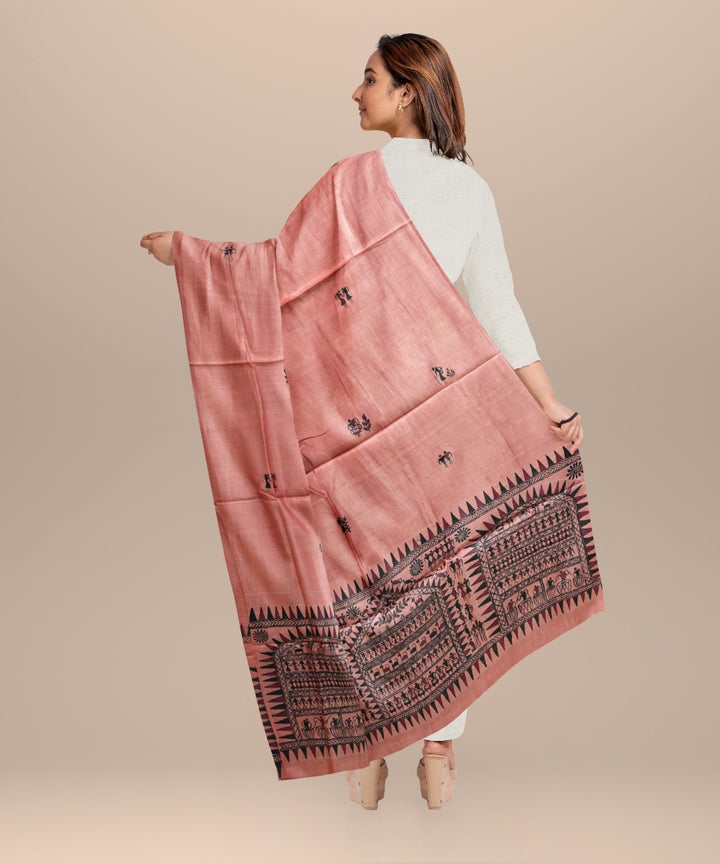 Peach multi colour tussar silk handloom sambalpuri dupatta