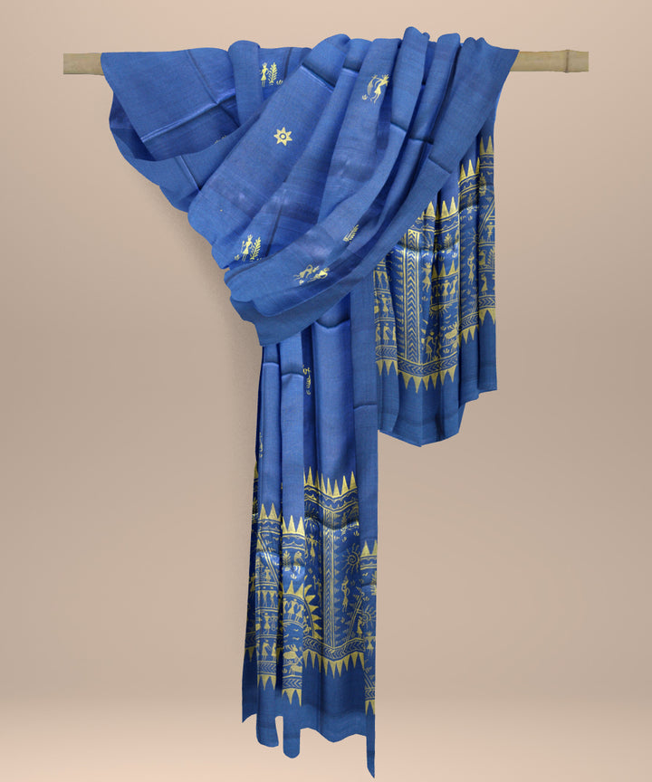 Cyan blue golden tussar silk handloom sambalpuri dupatta