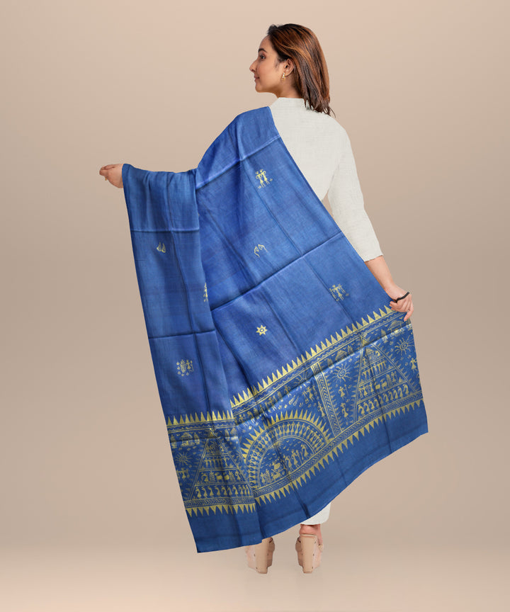 Cyan blue golden tussar silk handloom sambalpuri dupatta