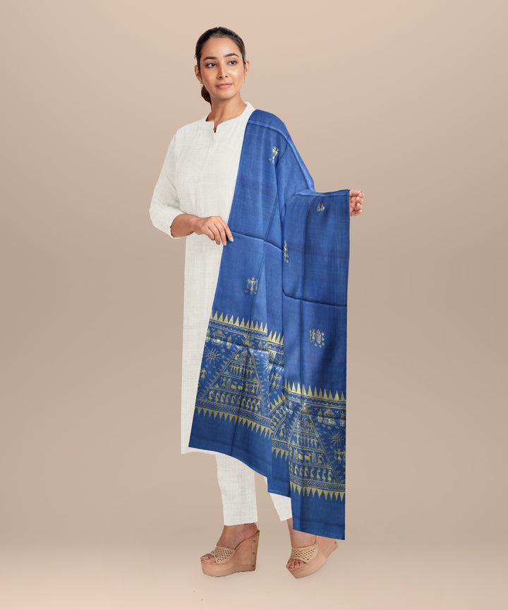 Cyan blue golden tussar silk handloom sambalpuri dupatta