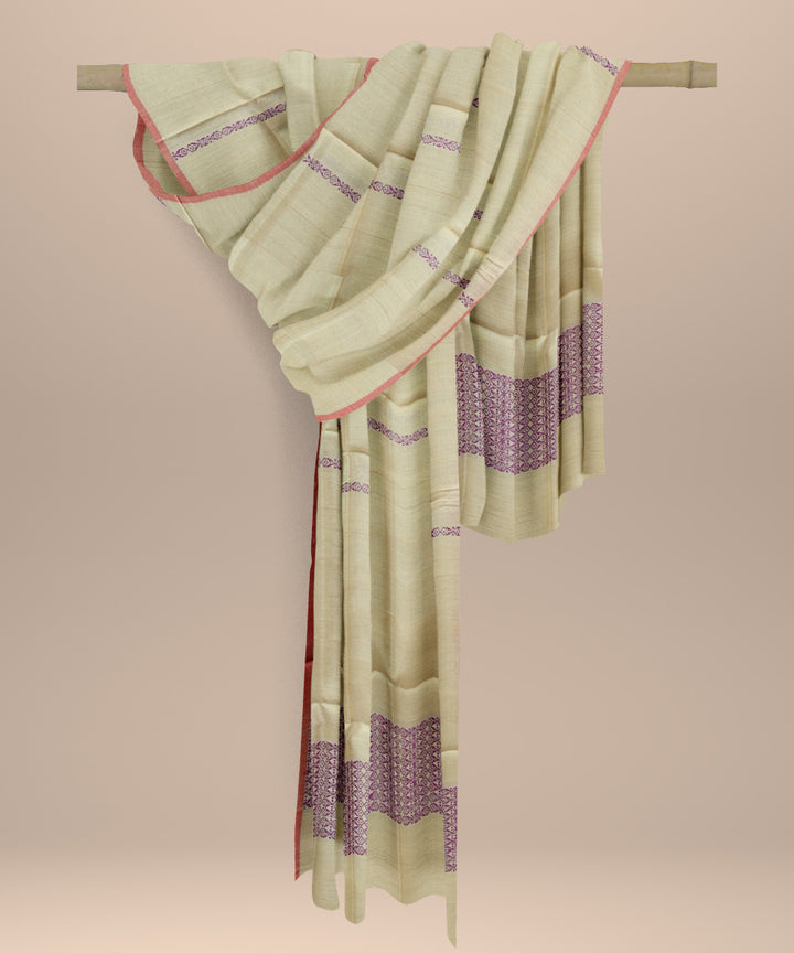 Cream purple tussar silk sambalpuri handloom dupatta