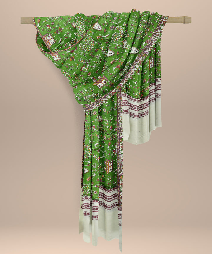 Dark green cream tussar silk handloom sambalpuri shawl