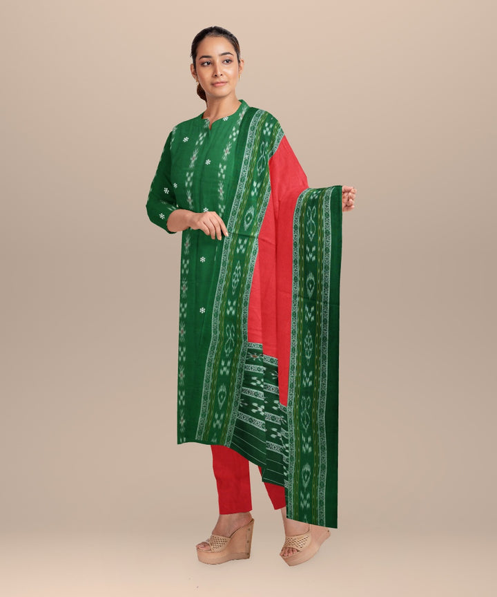 Dark green dark red handloom cotton nuapatna dress material