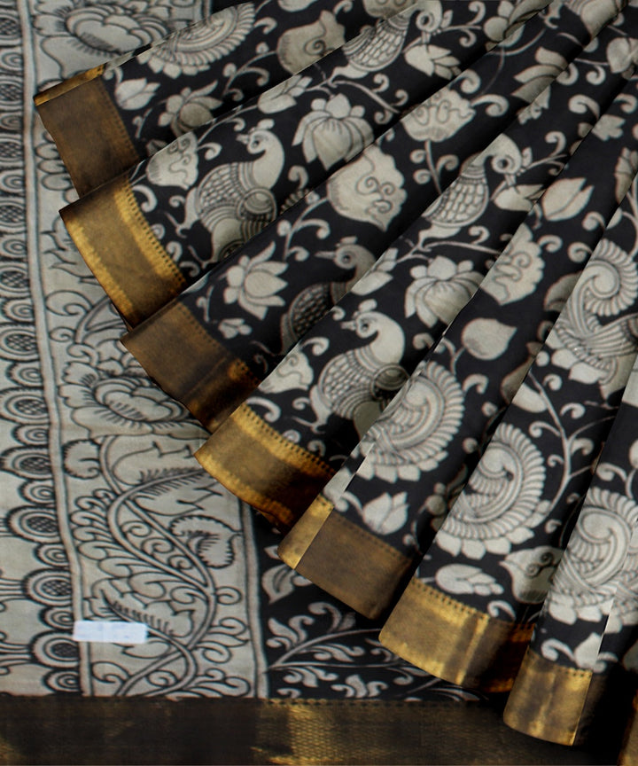 Black offwhite hand painted kalamkari silk saree