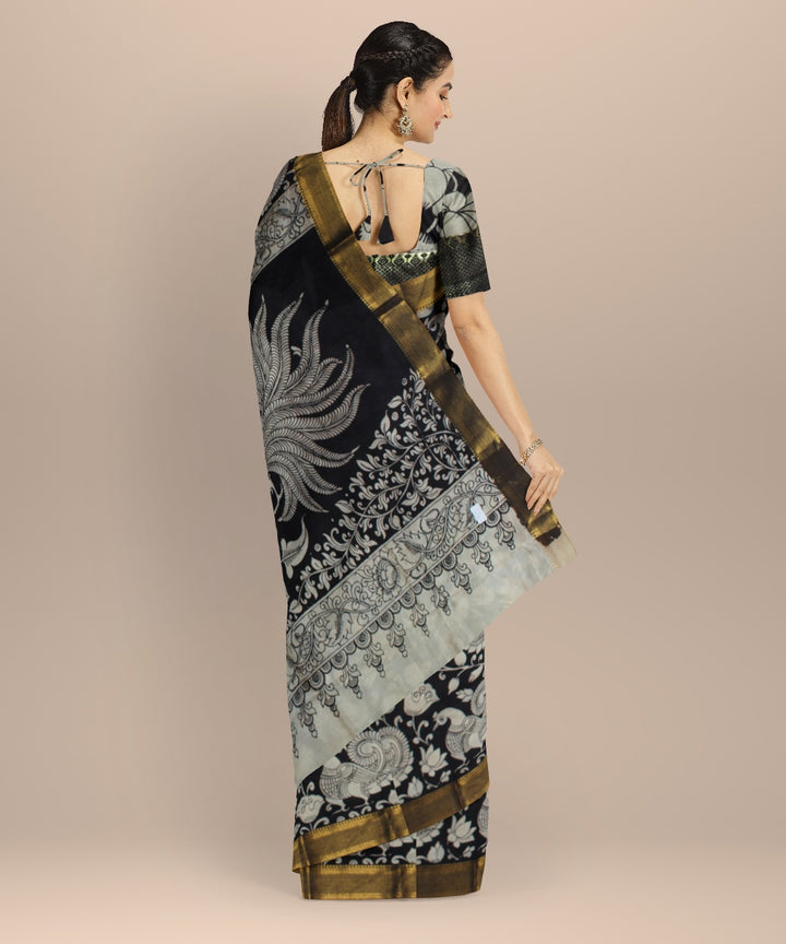 Black offwhite hand painted kalamkari silk saree