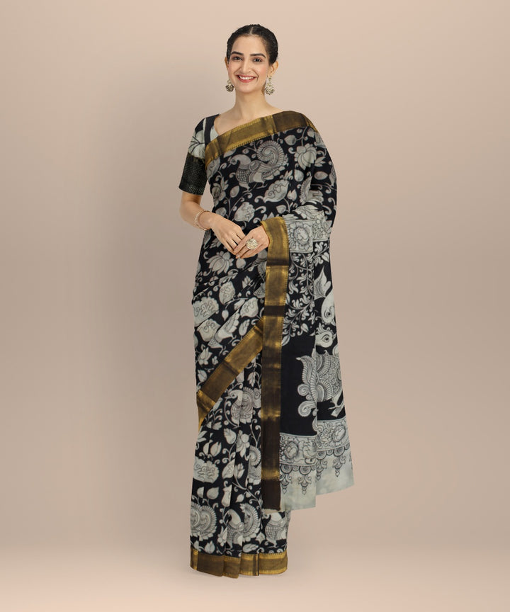 Black offwhite hand painted kalamkari silk saree