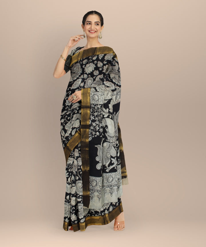 Black offwhite hand painted kalamkari silk saree
