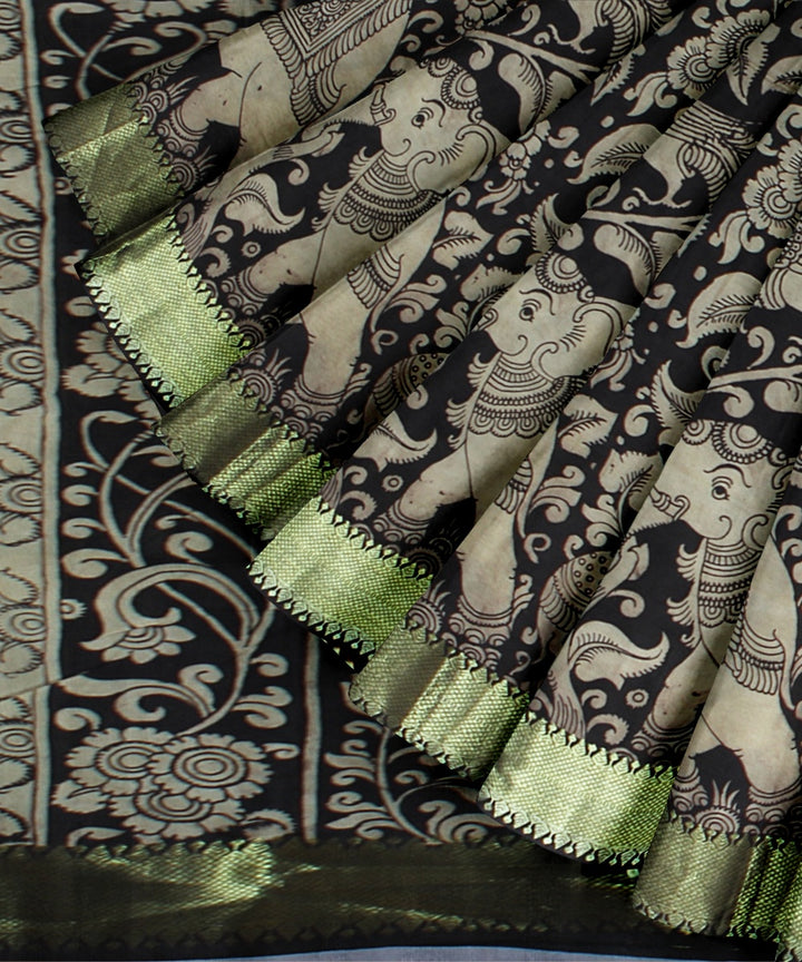 Black offwhite silk hand painted kalamkari saree