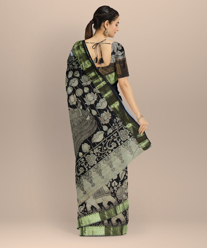 Black offwhite silk hand painted kalamkari saree