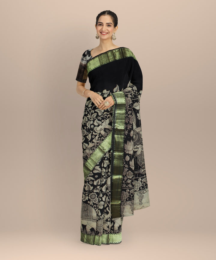 Black offwhite silk hand painted kalamkari saree