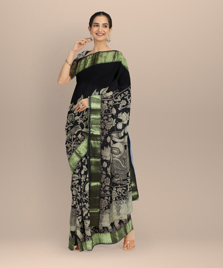 Black offwhite silk hand painted kalamkari saree