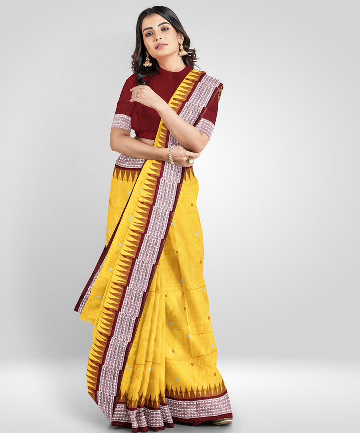 Yellow maroon Silk Handwoven Bomkai Saree
