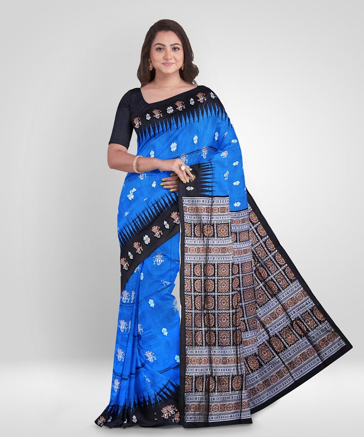Bright Navy Blue black Silk Handwoven Bomkai Saree