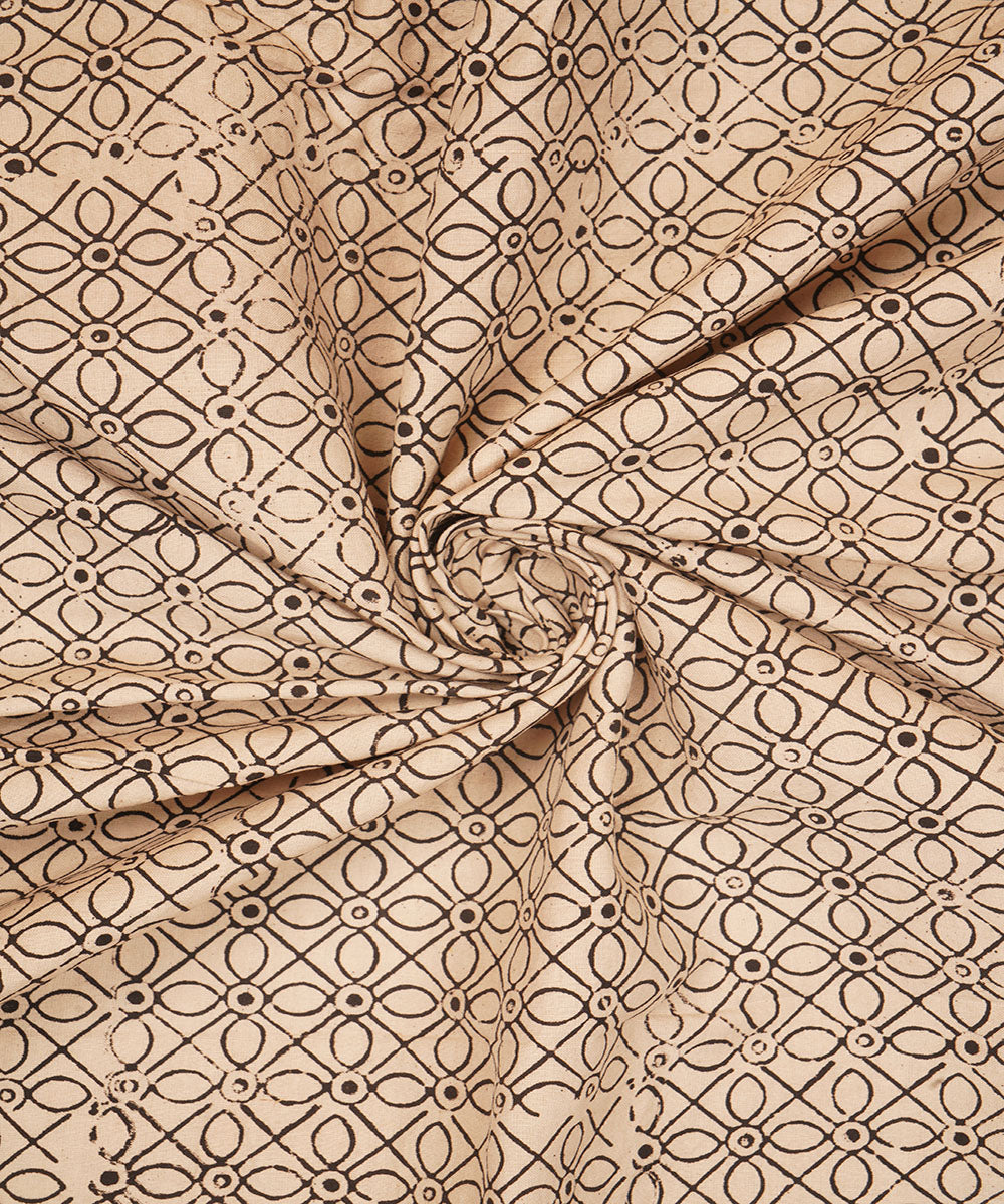 Off white black geometric floral hand block print cotton linen fabric