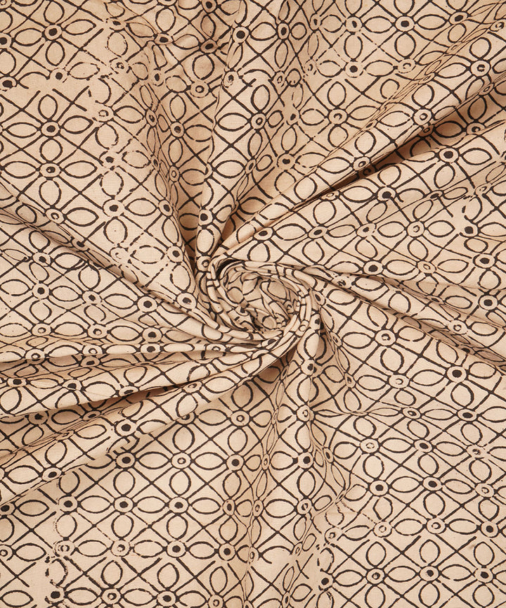Off white black geometric floral hand block print cotton linen fabric