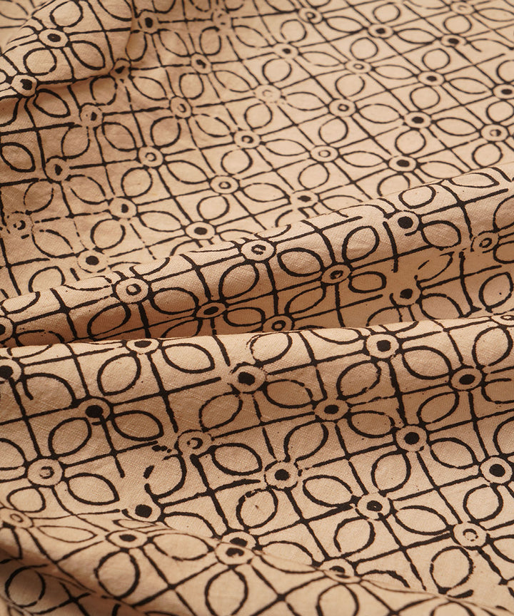 Off white black geometric floral hand block print cotton linen fabric