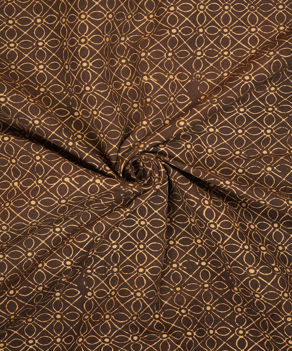 Black off white geometric floral hand block print cotton linen fabric