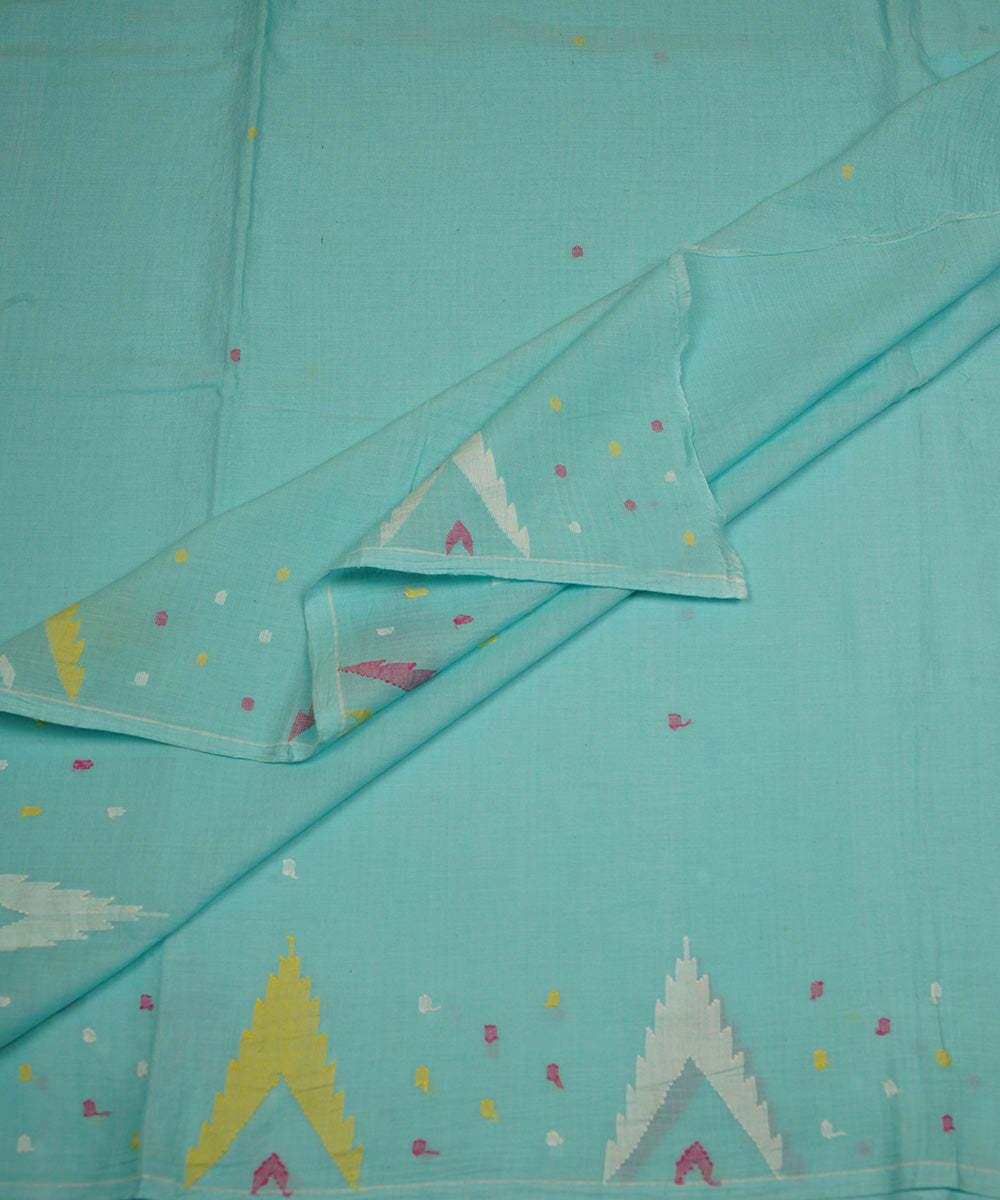 Aqua blue handwoven bengal cotton border design jamdani fabric