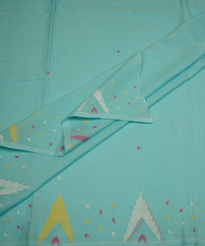 Aqua blue handwoven bengal cotton border design jamdani fabric