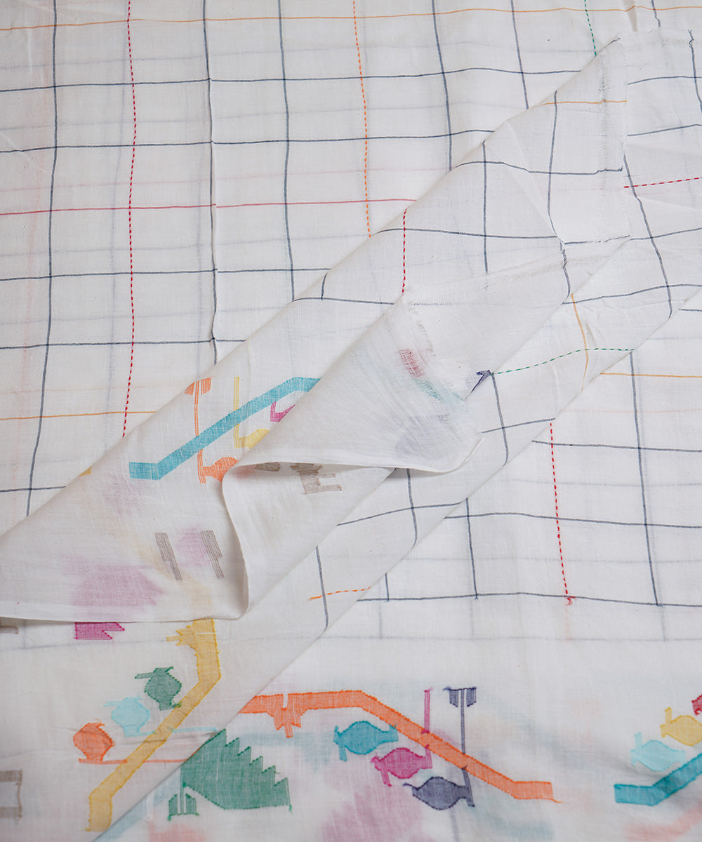 White handloom checks bengal cotton border design jamdani fabric
