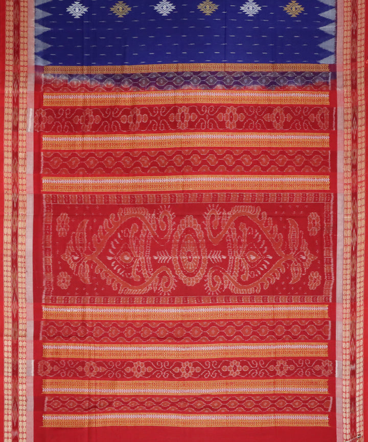 Navy blue red bomkai handwoven cotton saree